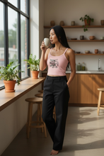 Load image into Gallery viewer, Vintage Bird + Blossom Cotton Crop Top, Vintage 1920s Inspired Ukrainian Woodcut Design, Graphic Cotton Crop Top in Black + White