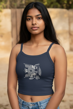 Load image into Gallery viewer, Vintage Bird + Blossom Cotton Crop Top, Vintage 1920s Inspired Ukrainian Woodcut Design, Graphic Cotton Crop Top, White on Dark