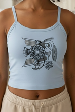 Load image into Gallery viewer, Vintage Bird + Blossom Cotton Crop Top, Vintage 1920s Inspired Ukrainian Woodcut Design, Graphic Cotton Crop Top in Black + White