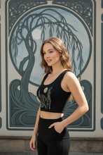 Load image into Gallery viewer, Moon + Willow Poly Crop Top, Art Nouveau Celestial, Boho Festival Top