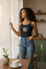 Load image into Gallery viewer, Vintage Bird + Blossom Cotton Crop Top, Vintage 1920s Inspired Ukrainian Woodcut Design, Graphic Cotton Crop Top, White on Dark