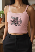 Load image into Gallery viewer, Vintage Bird + Blossom Cotton Crop Top, Vintage 1920s Inspired Ukrainian Woodcut Design, Graphic Cotton Crop Top in Black + White