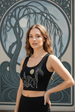 Load image into Gallery viewer, Moon + Willow Poly Crop Top, Art Nouveau Celestial, Boho Festival Top