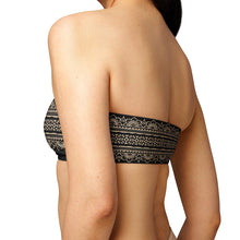 Load image into Gallery viewer, Melodia Gallery Shakti Lace Flower Recycled Bandeau Bikini Top in black with beige pattern. Strapless, double-layered recycled polyester.