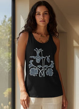 Load image into Gallery viewer, Melodia Gallery black 100% cotton fitted racerback tank top with Art Nouveau columbine floral graphic.