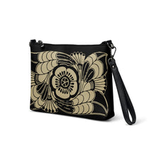 Load image into Gallery viewer, Melodia Gallery Art Nouveau Floral Crossbody Bag in black faux leather with beige floral print and dark gray hardware.