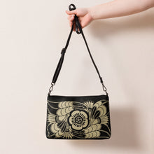 Load image into Gallery viewer, Melodia Gallery Art Nouveau floral crossbody bag in black faux leather with beige floral design and dark gray hardware.
