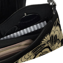 Load image into Gallery viewer, Melodia Gallery Art Nouveau Floral Crossbody Bag in black faux leather with gold floral design. Features zip closure and multiple pockets.
