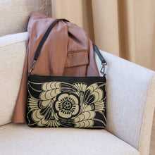 Load image into Gallery viewer, Melodia Gallery Art Nouveau floral crossbody bag in black faux leather with gold floral design. Features dark gray hardware and zip closure.