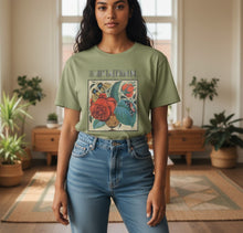 Load image into Gallery viewer, Melodia Gallery olive green 100% cotton t-shirt with a vintage Art Nouveau floral and butterfly print.