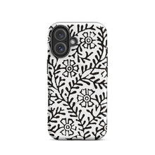 Load image into Gallery viewer, Melodia Gallery iPhone case with black Art Nouveau floral vine print on white, dual-layer MagSafe tough case.