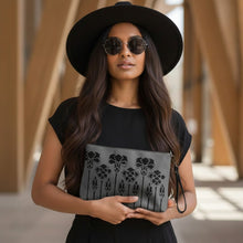 Load image into Gallery viewer, Melodia Gallery grey faux leather clutch with black Art Nouveau iris design. Adjustable strap.