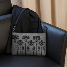Load image into Gallery viewer, Melodia Gallery grey faux leather crossbody bag with black Art Nouveau iris floral design. Adjustable strap.