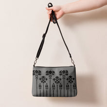 Load image into Gallery viewer, Melodia Gallery crossbody bag in cool grey faux leather with a black Art Nouveau iris stencil design. Adjustable strap.