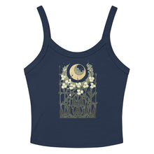 Load image into Gallery viewer, Melodia Gallery navy blue 100% cotton micro-rib tank top with vintage Art Nouveau moon and floral design.