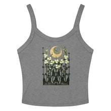 Load image into Gallery viewer, Melodia Gallery grey 100% cotton micro-rib tank top with vintage Art Nouveau moon and floral graphic.