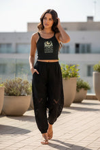 Load image into Gallery viewer, Melodia Gallery black 100% cotton micro-rib tank top with vintage Art Nouveau moon and floral graphic.