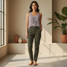 Load image into Gallery viewer, Melodia Gallery Women's Cotton Tank Top with Art Nouveau Peacock Skirt print in taupe. Form-fitting, 95% cotton, 5% elastane.