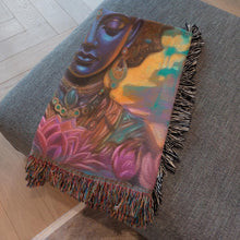 Load image into Gallery viewer, Melodia Gallery The Art of Stillness cotton woven blanket with colorful fringed edges, featuring a serene portrait and lotus flowers.
