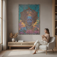 Load image into Gallery viewer, Melodia Gallery The Art of Stillness 100% cotton woven blanket with fringed edges, featuring a blue-faced deity with eyes closed, ornate headdress, and lotus flower.