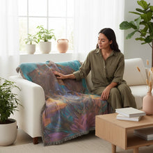 Load image into Gallery viewer, Melodia Gallery The Art of Stillness 100% cotton woven blanket with fringed edges, featuring a blue-faced deity with eyes closed, adorned with intricate jewelry and a lotus flower.