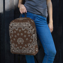 Load image into Gallery viewer, Melodia Gallery brown bandana print polyester backpack with laptop compartment and multiple pockets.