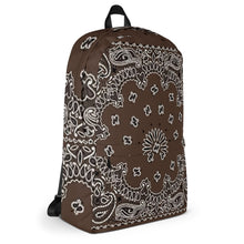 Load image into Gallery viewer, Melodia Gallery brown polyester backpack with white and black paisley bandana print, laptop compartment, and front zip pocket.