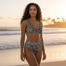 Load image into Gallery viewer, Melodia Gallery brown recycled polyester bikini with bandana print, high-waisted bottoms and V-neck top.