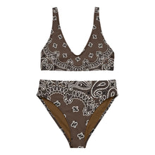 Load image into Gallery viewer, Melodia Gallery brown recycled polyester bikini with bandana print, high-waisted bottoms and V-neck top.
