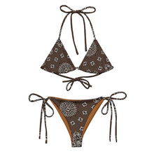 Load image into Gallery viewer, Melodia Gallery brown bandana print string bikini set with removable padding and adjustable ties. Made from recycled polyester.