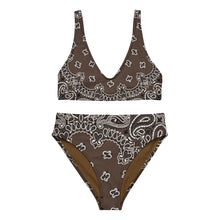 Load image into Gallery viewer, Melodia Gallery brown bandana print high-waisted bikini set with removable pads and zig-zag stitching.