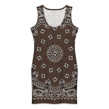 Load image into Gallery viewer, Melodia Gallery brown bandana print bodycon dress with scoop neck and sleeveless design. Made from cotton-elastane blend.