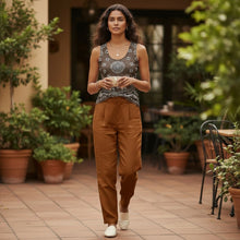 Load image into Gallery viewer, Melodia Gallery women's brown cotton-elastane blend tank top with bandana print, form-fitting silhouette.