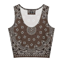 Load image into Gallery viewer, Melodia Gallery brown bandana print cotton-elastane blend crop top with a form-fitting silhouette.