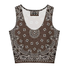 Load image into Gallery viewer, Melodia Gallery brown bandana print cotton-elastane blend crop top with a form-fitting silhouette.