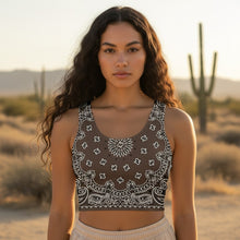 Load image into Gallery viewer, Melodia Gallery brown bandana print cotton-elastane blend crop top with a form-fitting silhouette.