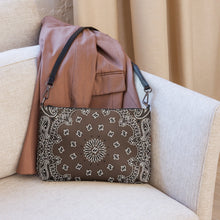 Load image into Gallery viewer, Melodia Gallery chocolate brown crossbody bag with white paisley bandana print and faux leather exterior.