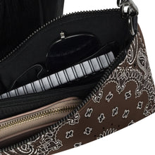 Load image into Gallery viewer, Melodia Gallery chocolate brown faux leather crossbody bag with white paisley print, zip top, and interior organization.