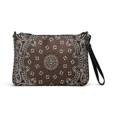 Load image into Gallery viewer, Melodia Gallery chocolate brown crossbody bag with white paisley bandana print and wrist strap.