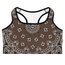 Load image into Gallery viewer, Melodia Gallery brown bandana paisley print sports bra with black trim and racerback design.