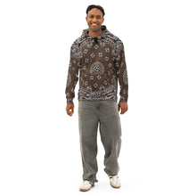 Load image into Gallery viewer, Melodia Gallery brown unisex cotton hoodie with all-over white paisley print, drawstring hood, and front pocket.