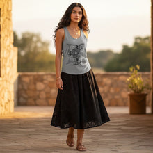 Load image into Gallery viewer, Melodia Gallery grey cotton-elastane blend tank top with vintage art nouveau bird and blossom print