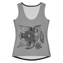 Load image into Gallery viewer, Melodia Gallery grey cotton-elastane blend tank top with vintage art nouveau bird and blossom graphic print.