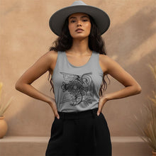 Load image into Gallery viewer, Melodia Gallery grey cotton-elastane blend tank top with vintage art nouveau bird and blossom graphic print.