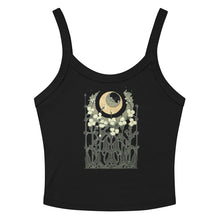 Load image into Gallery viewer, Melodia Gallery black 100% cotton micro-rib tank top with vintage Art Nouveau moon and floral design.