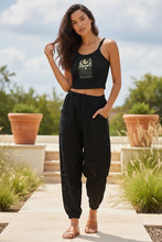 Load image into Gallery viewer, Melodia Gallery black 100% cotton micro-rib tank top with vintage Art Nouveau moonlight graphic.