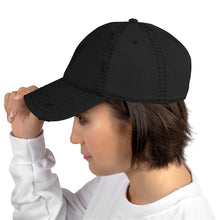 Load image into Gallery viewer, Melodia Gallery black distressed cotton dad hat with butterfly embroidery, adjustable strap, summer sun hat.