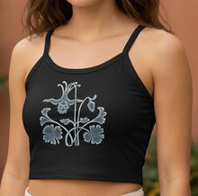 Load image into Gallery viewer, Melodia Gallery black 100% cotton micro-rib tank top with a light blue Art Nouveau columbine flower graphic.
