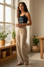 Load image into Gallery viewer, Melodia Gallery black 100% cotton micro-rib tank top with a light blue Art Nouveau columbine graphic.
