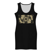 Load image into Gallery viewer, Melodia Gallery black 100% cotton bodycon dress with vintage art nouveau floral graphic print.